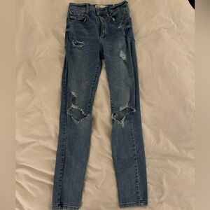 Garage ripped jeans, stretchy fit, high rise, worn